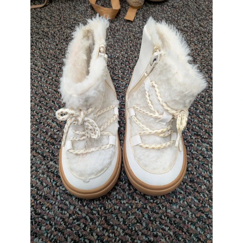HM Toddler White Faux Fur Snow Boots Gold Metallic Lace Zip Size 6 US 22 EUR